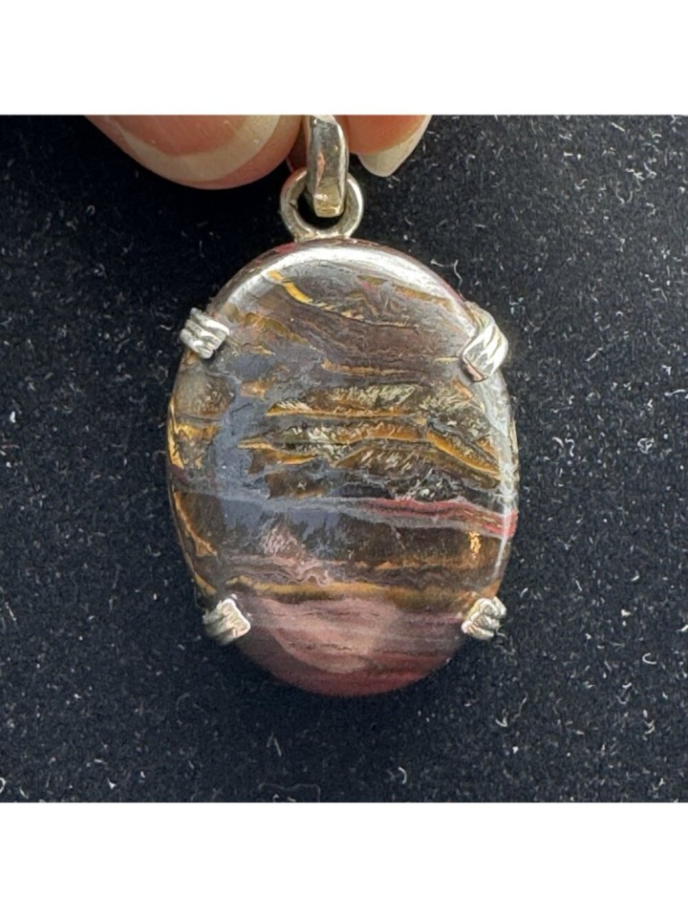 Tiger Iron Sterling Silver Pendant Polished Oval Gemstone Natural Layered Bands - Picture 13 of 16